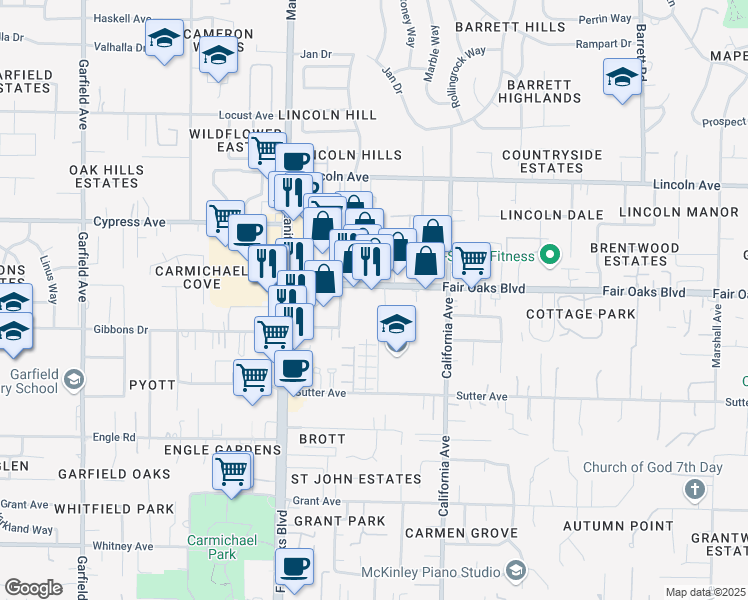 map of restaurants, bars, coffee shops, grocery stores, and more near 7627 Fair Oaks Boulevard in Carmichael