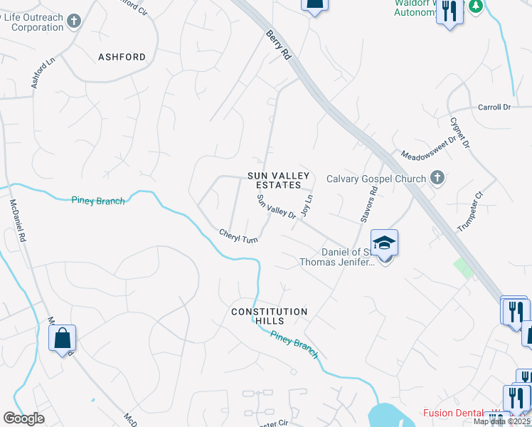 map of restaurants, bars, coffee shops, grocery stores, and more near 10854 Cheryl Turn in Waldorf