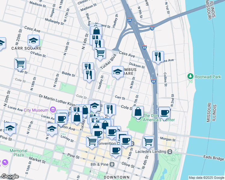 map of restaurants, bars, coffee shops, grocery stores, and more near 2 Columbus Square Drive in St. Louis