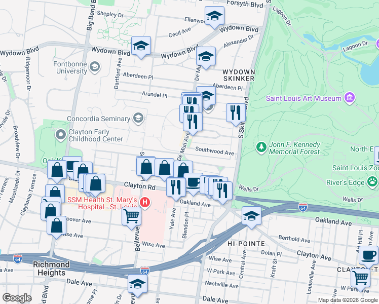 map of restaurants, bars, coffee shops, grocery stores, and more near 6346 Southwood Avenue in Clayton