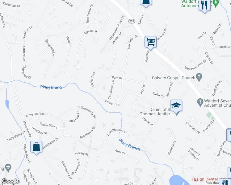 map of restaurants, bars, coffee shops, grocery stores, and more near 2851 Cloudberry Court in Waldorf