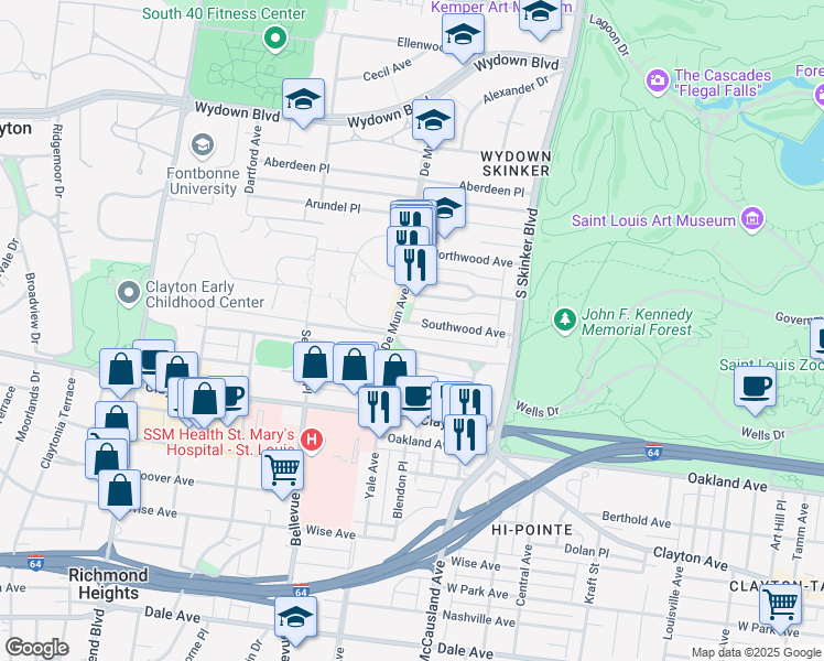 map of restaurants, bars, coffee shops, grocery stores, and more near 6340 Southwood Avenue in Clayton