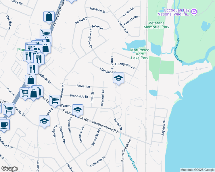 map of restaurants, bars, coffee shops, grocery stores, and more near 1410 Forest Lane in Woodbridge