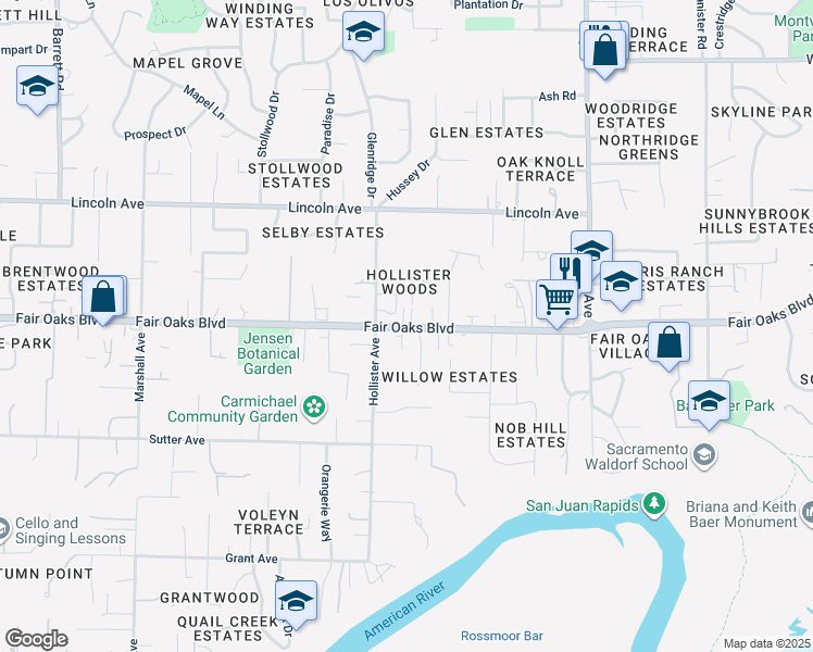 map of restaurants, bars, coffee shops, grocery stores, and more near 8725 Fair Oaks Boulevard in Carmichael