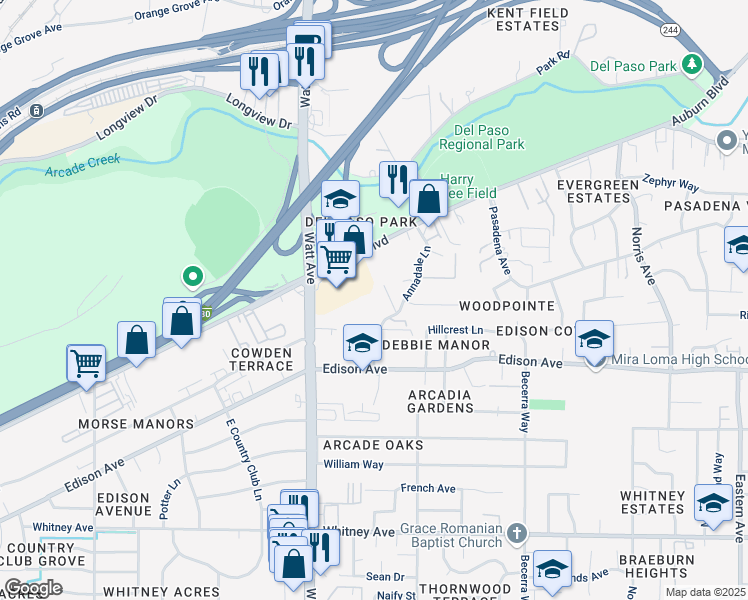 map of restaurants, bars, coffee shops, grocery stores, and more near 3849 Annadale Lane in Sacramento