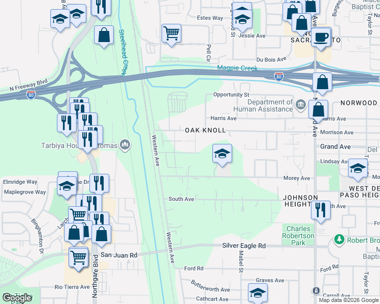 map of restaurants, bars, coffee shops, grocery stores, and more near 3818 Lee Brook Way in Sacramento
