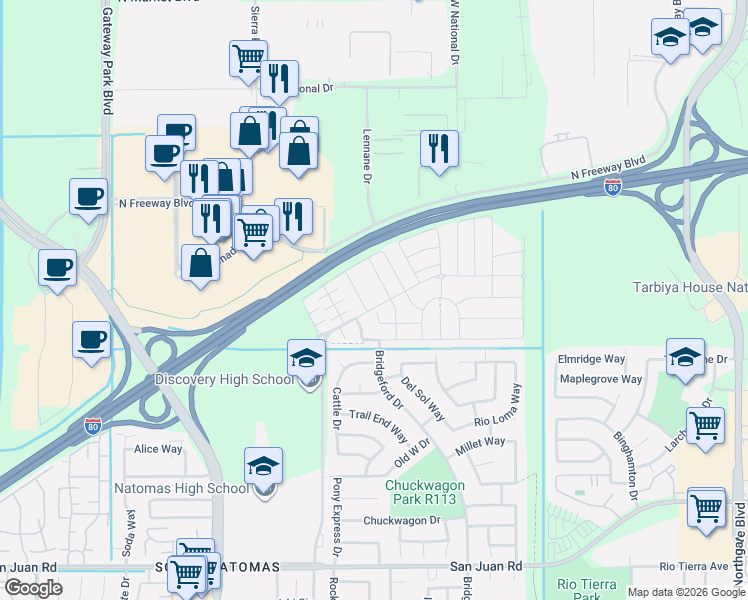 map of restaurants, bars, coffee shops, grocery stores, and more near 3827 Roseparke Way in Sacramento
