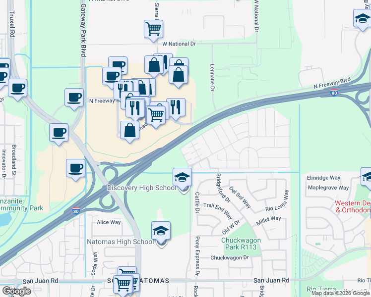 map of restaurants, bars, coffee shops, grocery stores, and more near 1512 Bridgegate Way in Sacramento