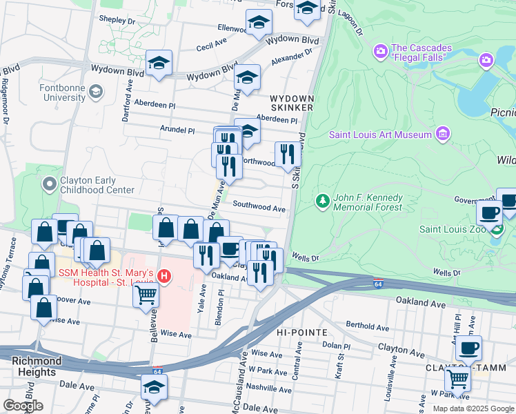 map of restaurants, bars, coffee shops, grocery stores, and more near 6308 South Rosebury Avenue in Clayton