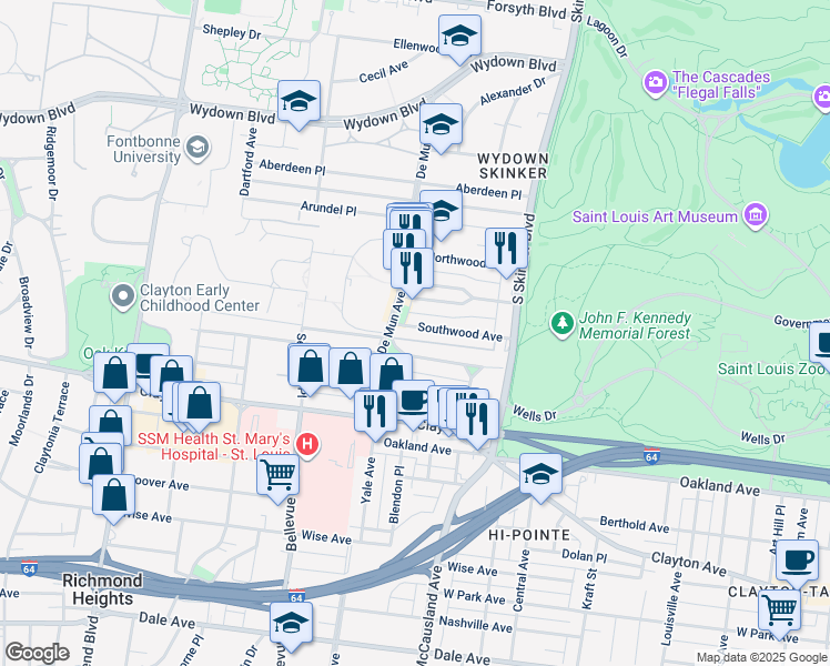 map of restaurants, bars, coffee shops, grocery stores, and more near 6337 Southwood Avenue in Clayton