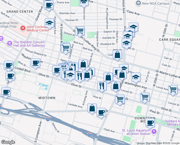 map of restaurants, bars, coffee shops, grocery stores, and more near 2851 Samuel Shepard Drive in St. Louis