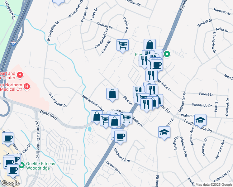 map of restaurants, bars, coffee shops, grocery stores, and more near 1093 Southampton Street in Woodbridge