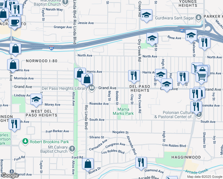 map of restaurants, bars, coffee shops, grocery stores, and more near 3740 May Street in Sacramento