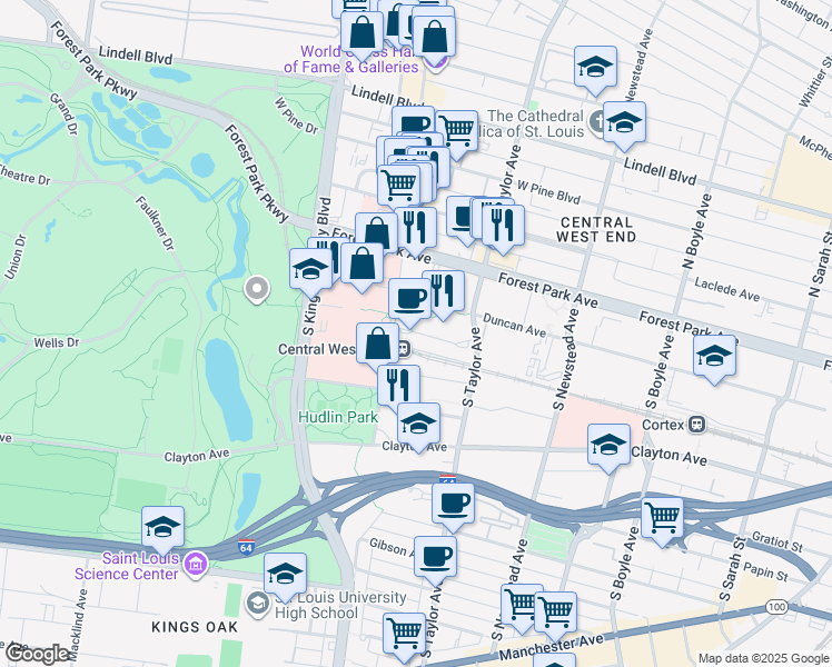 map of restaurants, bars, coffee shops, grocery stores, and more near 4590 Childrens Place in St. Louis