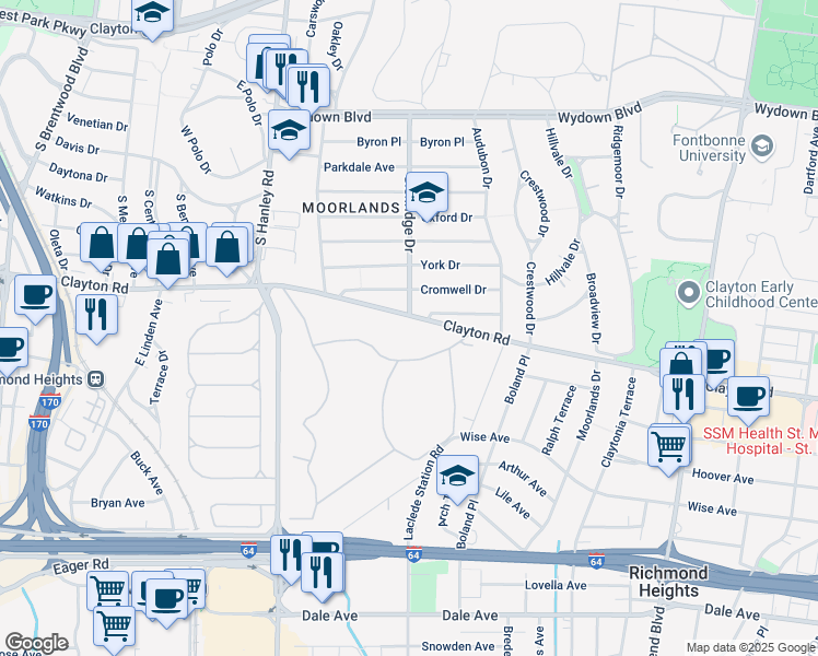 map of restaurants, bars, coffee shops, grocery stores, and more near 7505 Clayton Road in Clayton