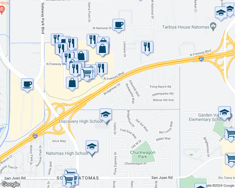 map of restaurants, bars, coffee shops, grocery stores, and more near 3841 Havengate Way in Sacramento