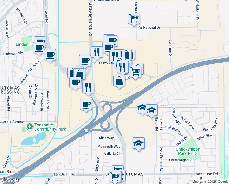 map of restaurants, bars, coffee shops, grocery stores, and more near 180 Promenade Circle in Sacramento