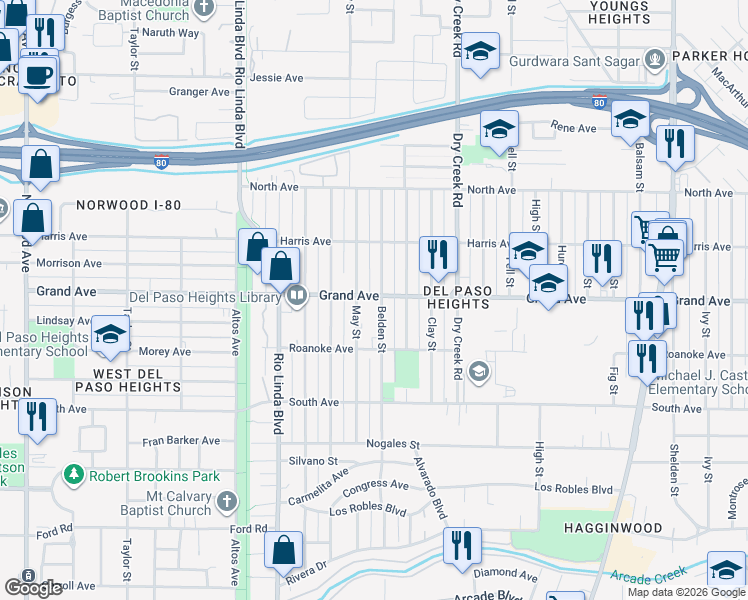 map of restaurants, bars, coffee shops, grocery stores, and more near 1050 Grand Avenue in Sacramento