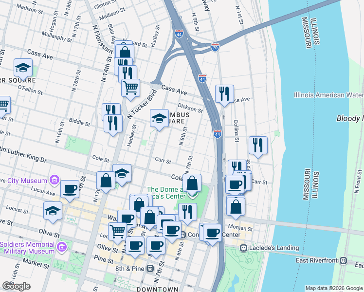 map of restaurants, bars, coffee shops, grocery stores, and more near 1204 North 8th Street in St. Louis