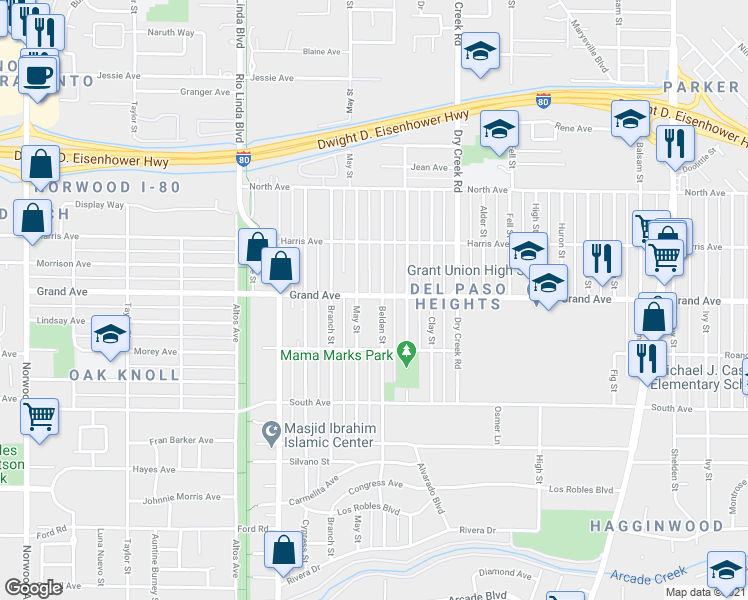 map of restaurants, bars, coffee shops, grocery stores, and more near 3808 Belden Street in Sacramento