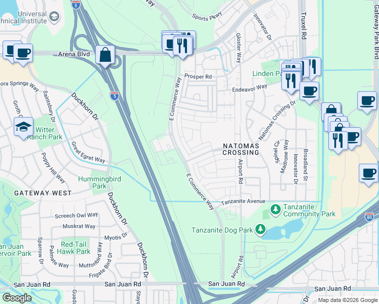 map of restaurants, bars, coffee shops, grocery stores, and more near 2539 John Glenn Way in Sacramento