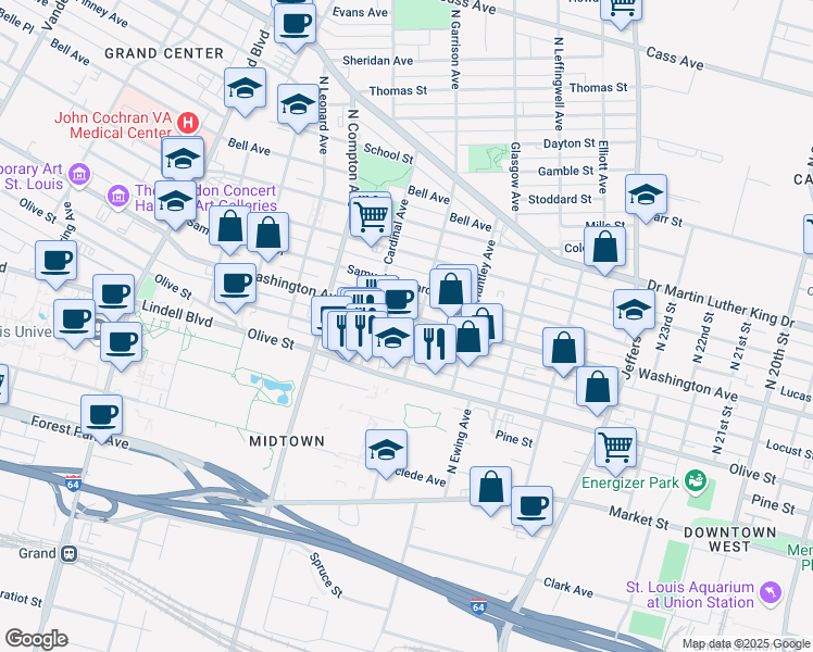 map of restaurants, bars, coffee shops, grocery stores, and more near 3001 Washington Avenue in St. Louis