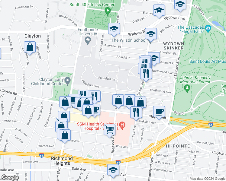 map of restaurants, bars, coffee shops, grocery stores, and more near 804 Seminary Place in Clayton