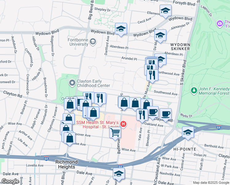 map of restaurants, bars, coffee shops, grocery stores, and more near 6537 San Bonita Avenue in Clayton