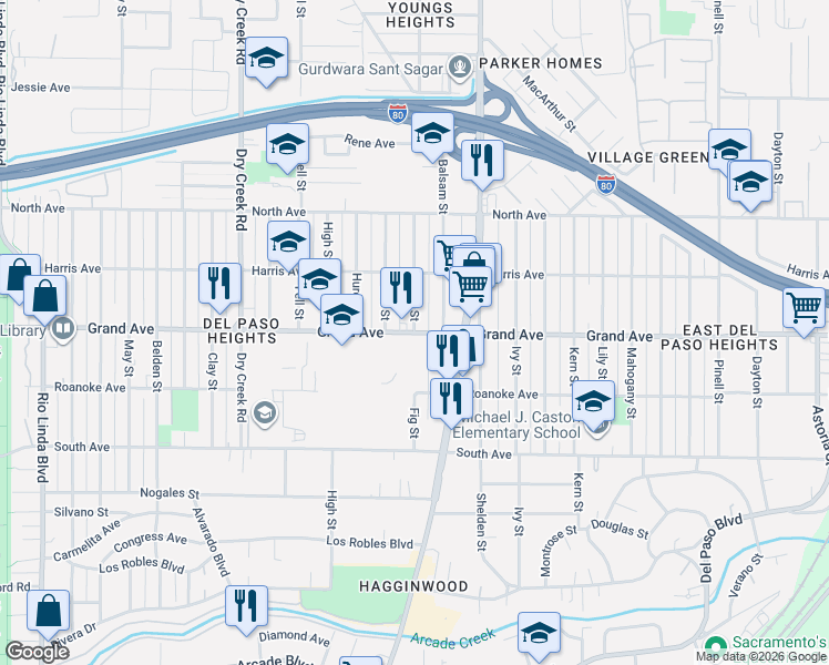 map of restaurants, bars, coffee shops, grocery stores, and more near Grand Avenue & Fig Street in Sacramento