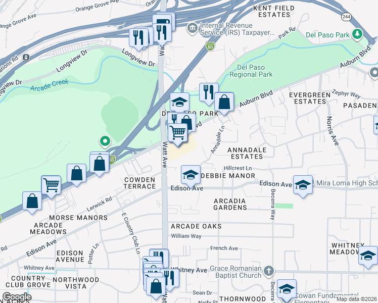 map of restaurants, bars, coffee shops, grocery stores, and more near 3510 Auburn Boulevard in Sacramento