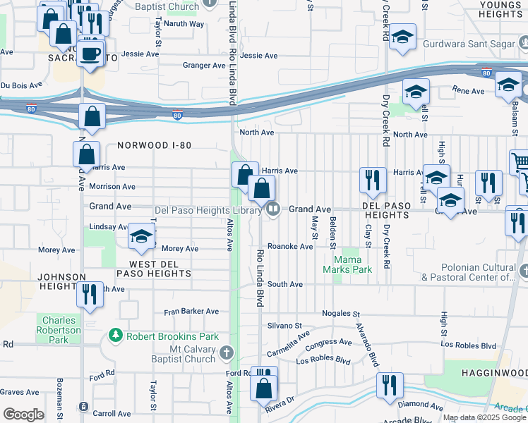 map of restaurants, bars, coffee shops, grocery stores, and more near 901 Grand Avenue in Sacramento