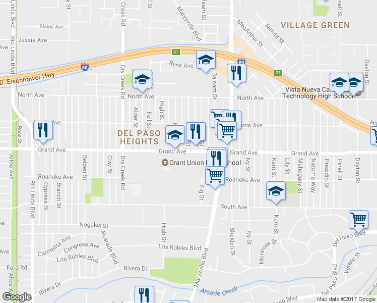 map of restaurants, bars, coffee shops, grocery stores, and more near Grand Avenue & Elm Street in Sacramento