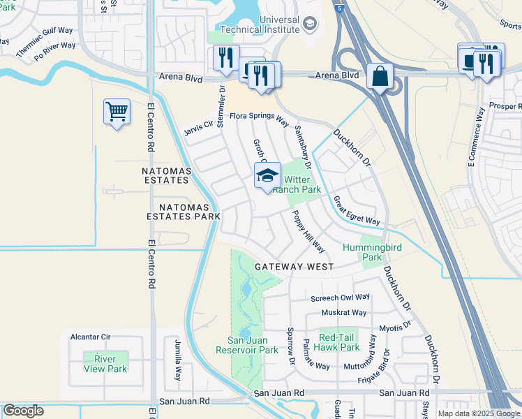 map of restaurants, bars, coffee shops, grocery stores, and more near 3790 Poppy Hill Way in Sacramento