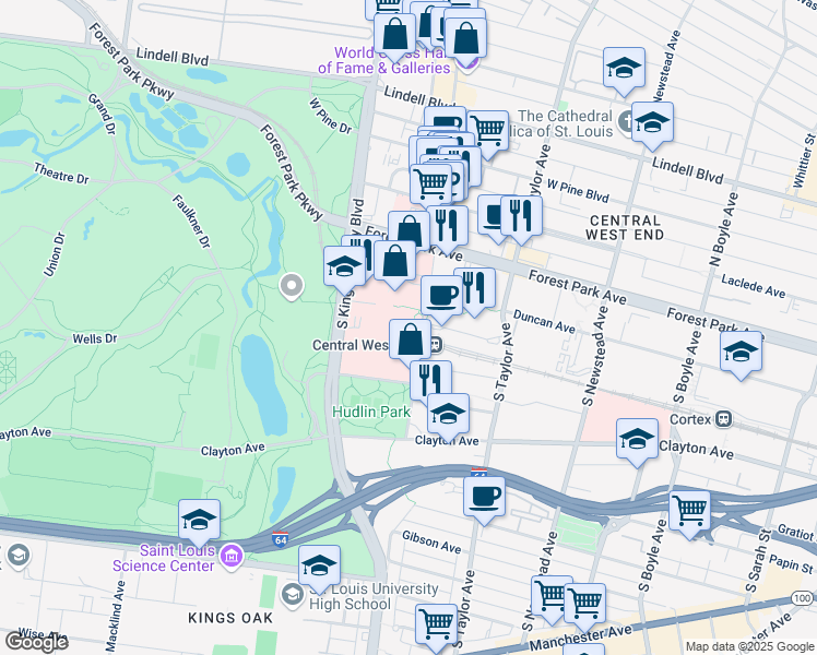 map of restaurants, bars, coffee shops, grocery stores, and more near 425 South Euclid Avenue in St. Louis