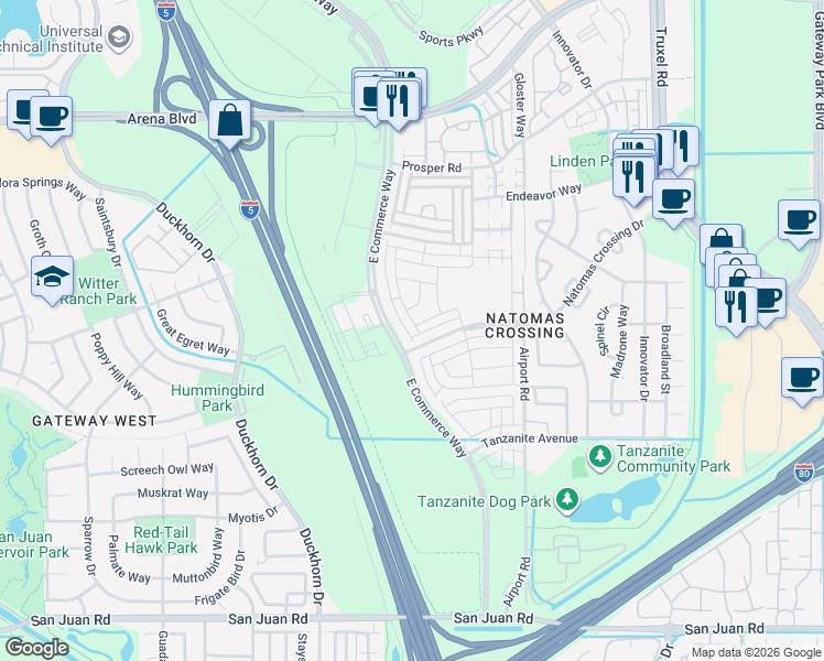 map of restaurants, bars, coffee shops, grocery stores, and more near 2539 John Glenn Way in Sacramento