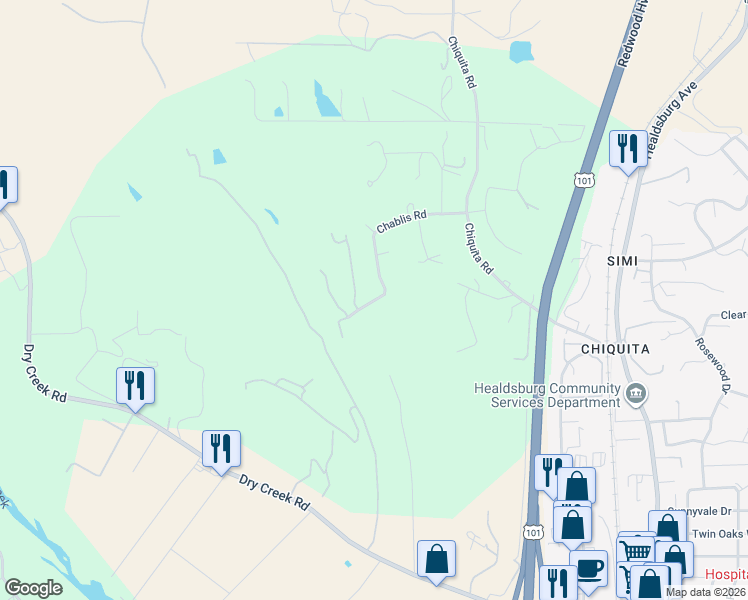 map of restaurants, bars, coffee shops, grocery stores, and more near Hassett Rd in Healdsburg