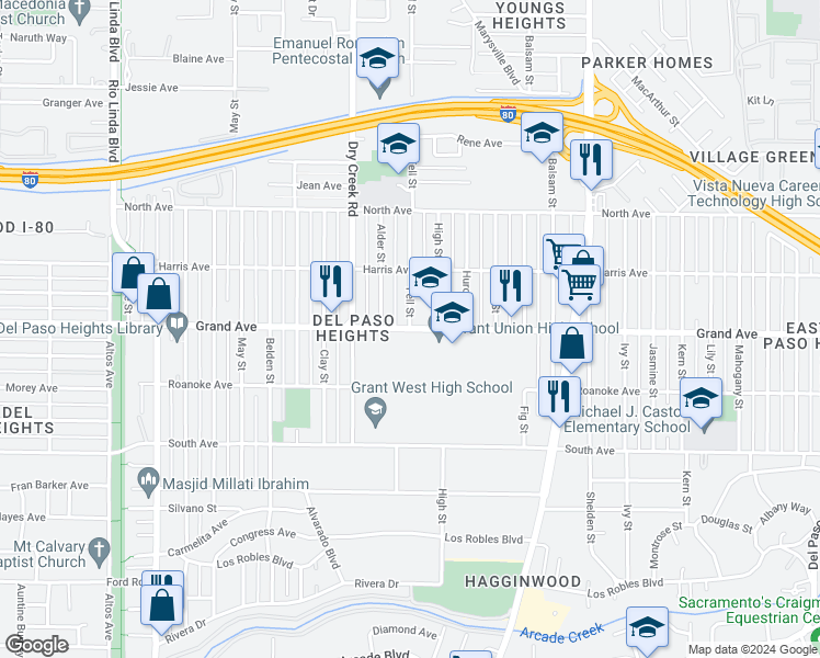 map of restaurants, bars, coffee shops, grocery stores, and more near Grand Avenue & Fell Street in Sacramento