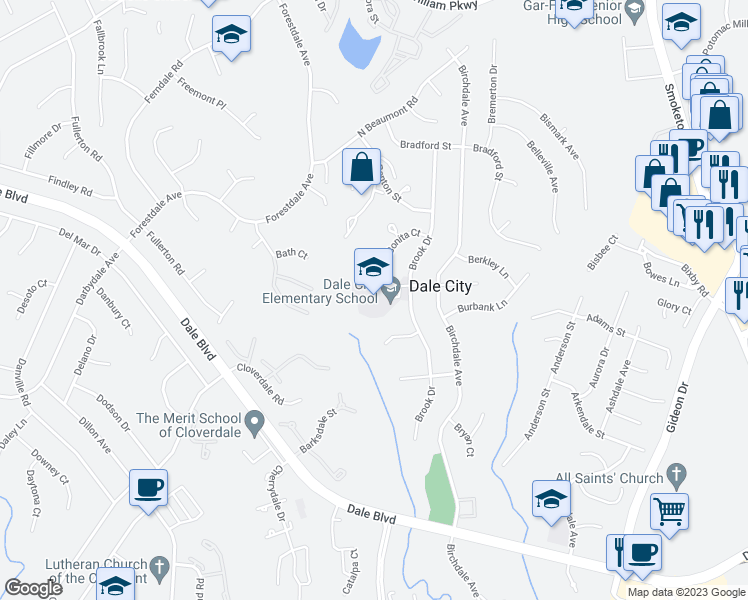 map of restaurants, bars, coffee shops, grocery stores, and more near 14450 Brook Drive in Woodbridge