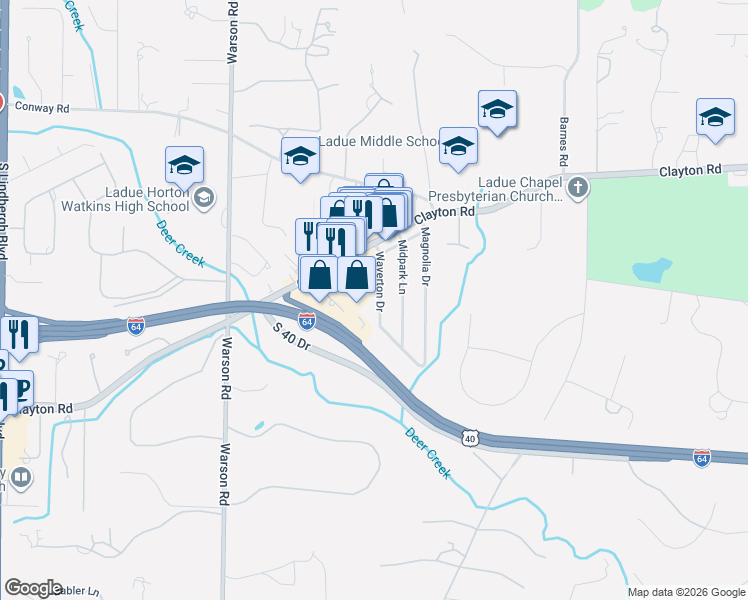 map of restaurants, bars, coffee shops, grocery stores, and more near 13 Waverton Drive in St. Louis