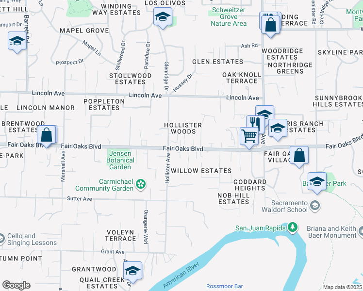 map of restaurants, bars, coffee shops, grocery stores, and more near 8725 Fair Oaks Boulevard in Carmichael