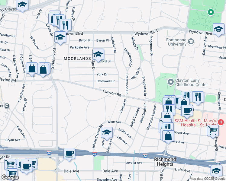 map of restaurants, bars, coffee shops, grocery stores, and more near 7415 Somerset Avenue in Clayton