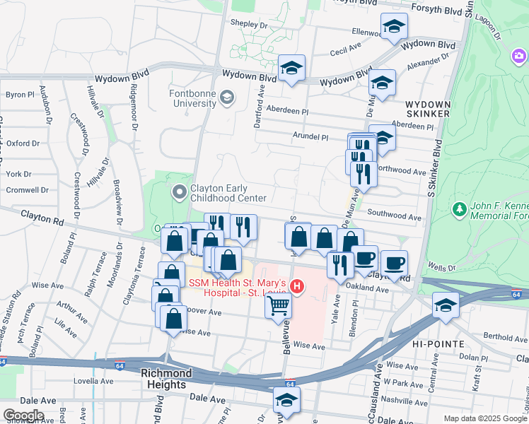 map of restaurants, bars, coffee shops, grocery stores, and more near 6537 San Bonita Avenue in Clayton