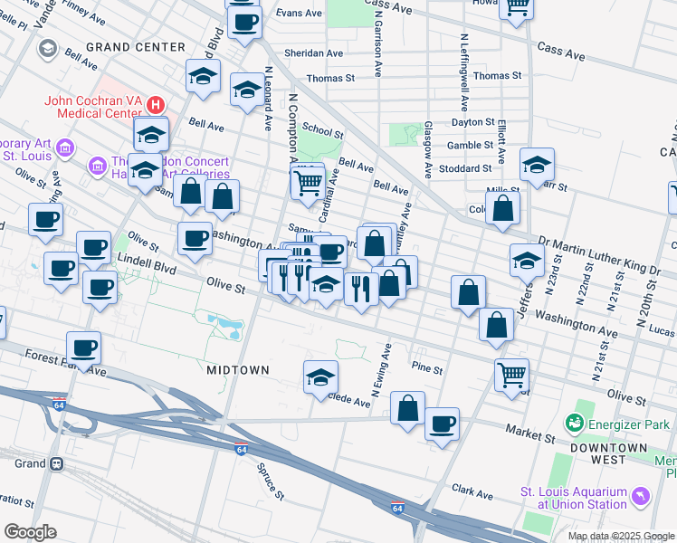 map of restaurants, bars, coffee shops, grocery stores, and more near 3010 Washington Avenue in St. Louis