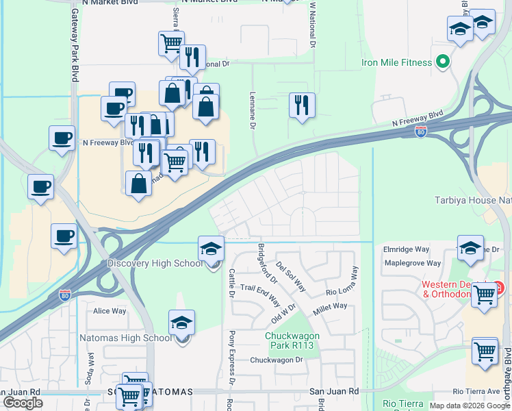 map of restaurants, bars, coffee shops, grocery stores, and more near 3827 Roseparke Way in Sacramento