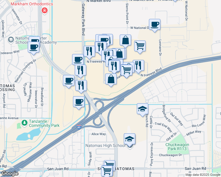 map of restaurants, bars, coffee shops, grocery stores, and more near 180 Promenade Circle in Sacramento