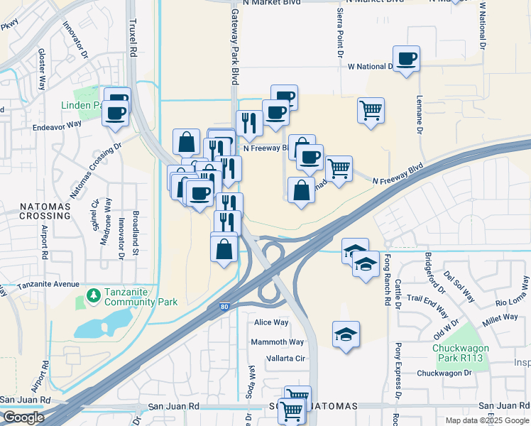 map of restaurants, bars, coffee shops, grocery stores, and more near 130 Promenade Circle in Sacramento