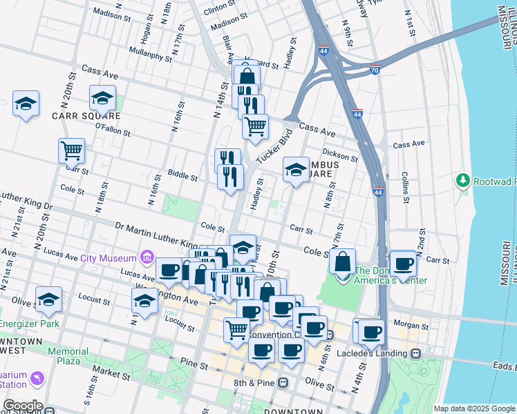map of restaurants, bars, coffee shops, grocery stores, and more near 1109 Biddle Street in St. Louis