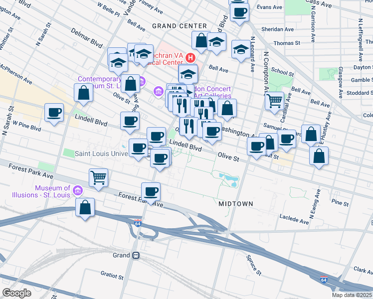 map of restaurants, bars, coffee shops, grocery stores, and more near 3531 Lindell Boulevard in St. Louis