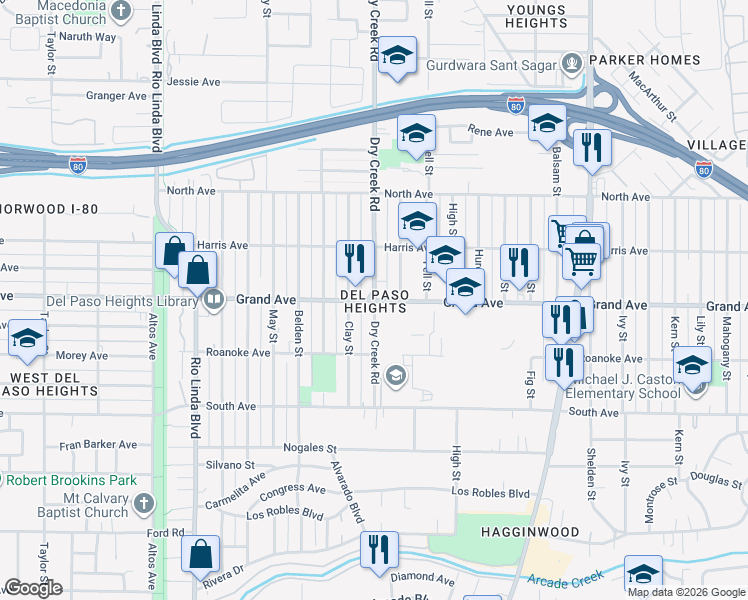 map of restaurants, bars, coffee shops, grocery stores, and more near Dry Creek Rd & Grand Ave in Sacramento