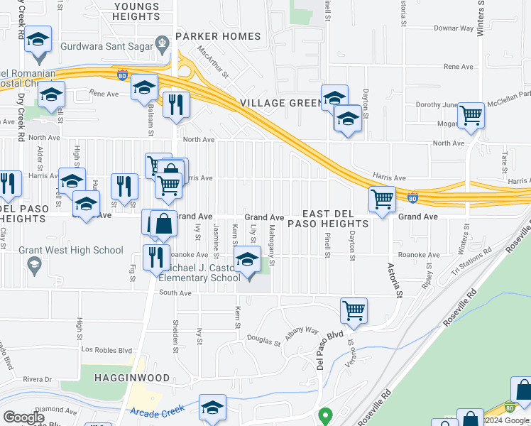 map of restaurants, bars, coffee shops, grocery stores, and more near 1873 Grand Avenue in Sacramento